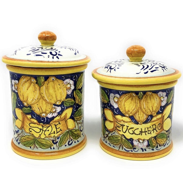 Ensemble de pots en céramique italienne pour le stockage des aliments, sel et sucre, motif peint à la main, trois citrons, fabriqué en Italie, poterie d'art toscan