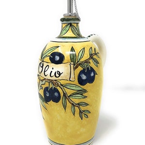 Italian Ceramic Art Pottery Oil Cruet Bottle Hand Painted Decorated Olives Made in ITALY Tuscan