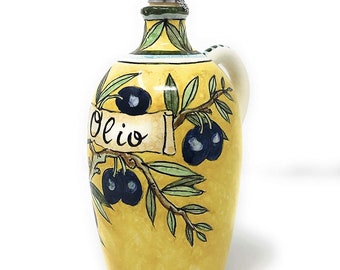 Italian Ceramic Art Pottery Oil Cruet Bottle Hand Painted Decorated Olives Made in ITALY Tuscan