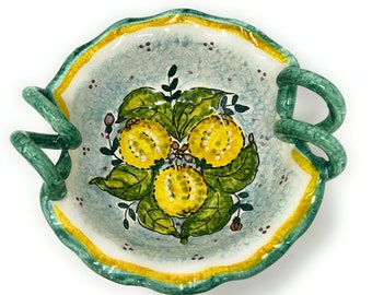 Italian Ceramic Art Pottery Serving Bowl Small Centerpieces with handle Hand Painted Pattern Lemons Tuscany Made in ITALY