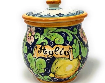 Italian Ceramic Brings Garlic Jar Holder Hand Painted Decorated Lemons Made in ITALY Tuscan Art Pottery