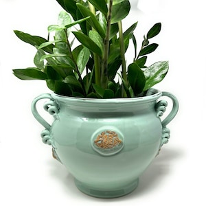 Italian Ceramic Cachepot Vase Flowerpot Planter Art Pottery Indoor/Outdoor Hand Painted Pattern Sage Green Rustic Made in ITALY Tuscan