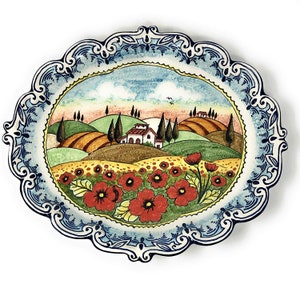 Bandeja de cerâmica italiana para servir, arte em cerâmica, decoração pintada à mão, paisagem, papoulas, toscana, feita na ITÁLIA, Florença