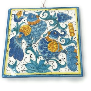 Italian Ceramic Art Pottery Tile to hang Plaques Pattern Birds Hand Painted Made in ITALY Tuscan Florence