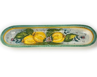 Italian Ceramic Serving Appetizer Tray Baguette Flatware Decorative Lemons Hand Painted Made in ITALY Tuscan