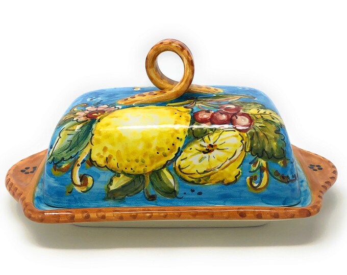 Italian Ceramic Butter Dish Hand Painted Collection Pattern Lemons Amalfi Made in ITALY Tuscany Art Pottery Florence