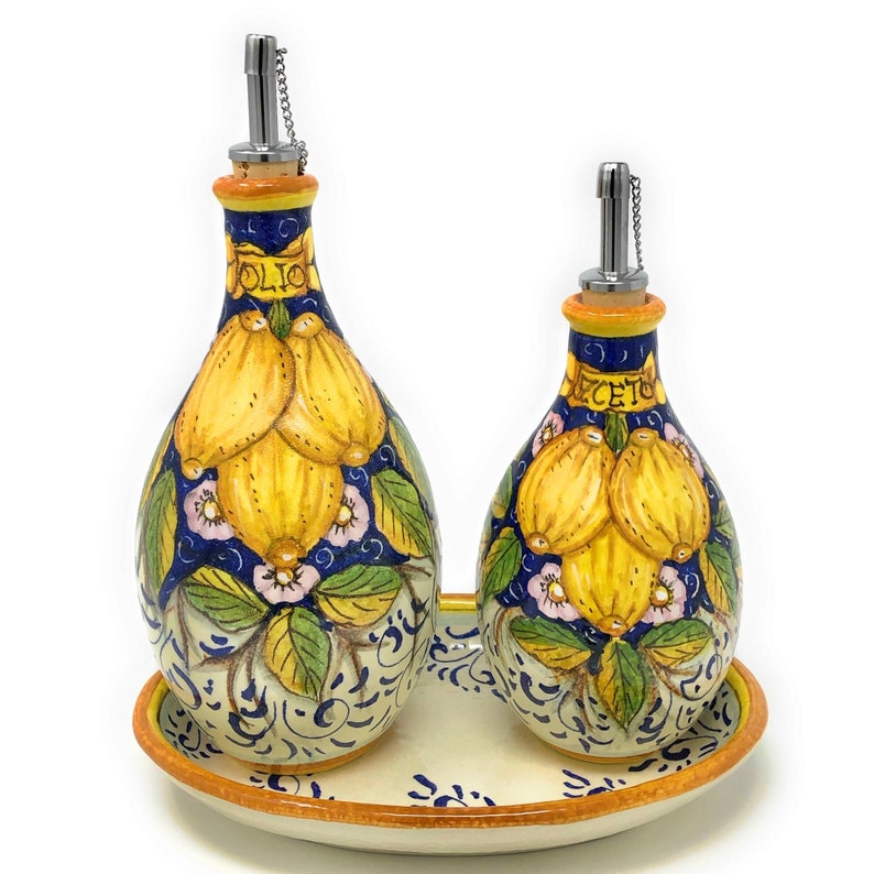 Italian Ceramic Set Cruets Oil and Vinegar Small Tray Etsy