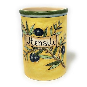 Italian Ceramic Art Pottery Utensil Tool Holder Hand Painted Pattern Olives Yellow Tuscan Made in ITALY Florence Store