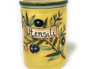 Italian Ceramic Art Pottery Utensil Tool Holder Hand Painted Pattern Olives Yellow Tuscan Made in ITALY Florence Store