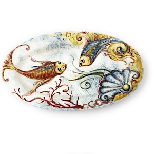 Italian Ceramic Pottery Art Pottery Small Oval Tray Plate Tile Pattern Fish Hand Painted Made in ITALY Tuscany Florence