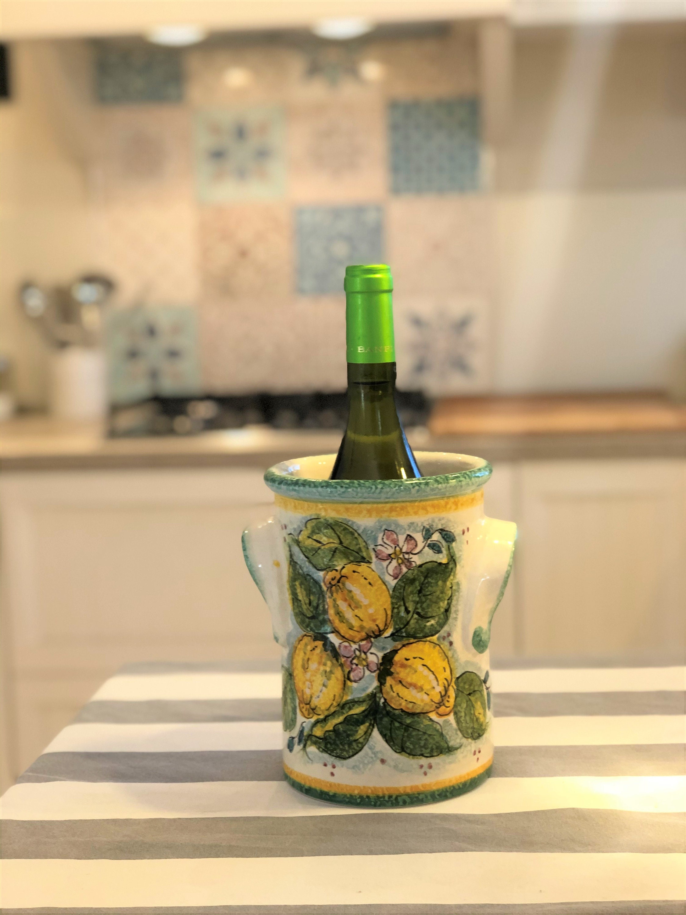 Italian Hand-Painted Ceramic Wine Bottle/Utensil Holder “Blue Crab” –  Waterhaus Designs