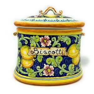 Italian Ceramic Big Cookies Jar Biscotti Hand Painted Pattern Lemons Made in ITALY Tuscan Art Pottery Florence