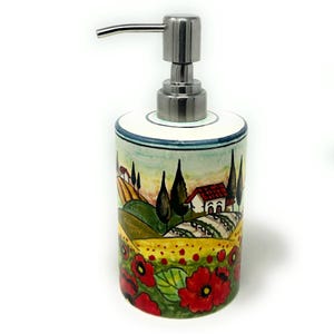 Italian Ceramic Soap Dispenser with Rust Proof Stainless for Bathroom ,Kitchen Hand Painted Pattern Tuscan Landscape Poppies Made in ITALY