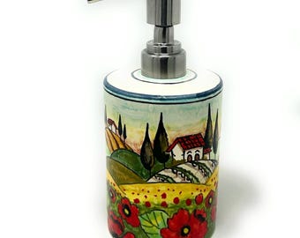 Italian Ceramic Soap Dispenser with Rust Proof Stainless for Bathroom ,Kitchen Hand Painted Pattern Tuscan Landscape Poppies Made in ITALY