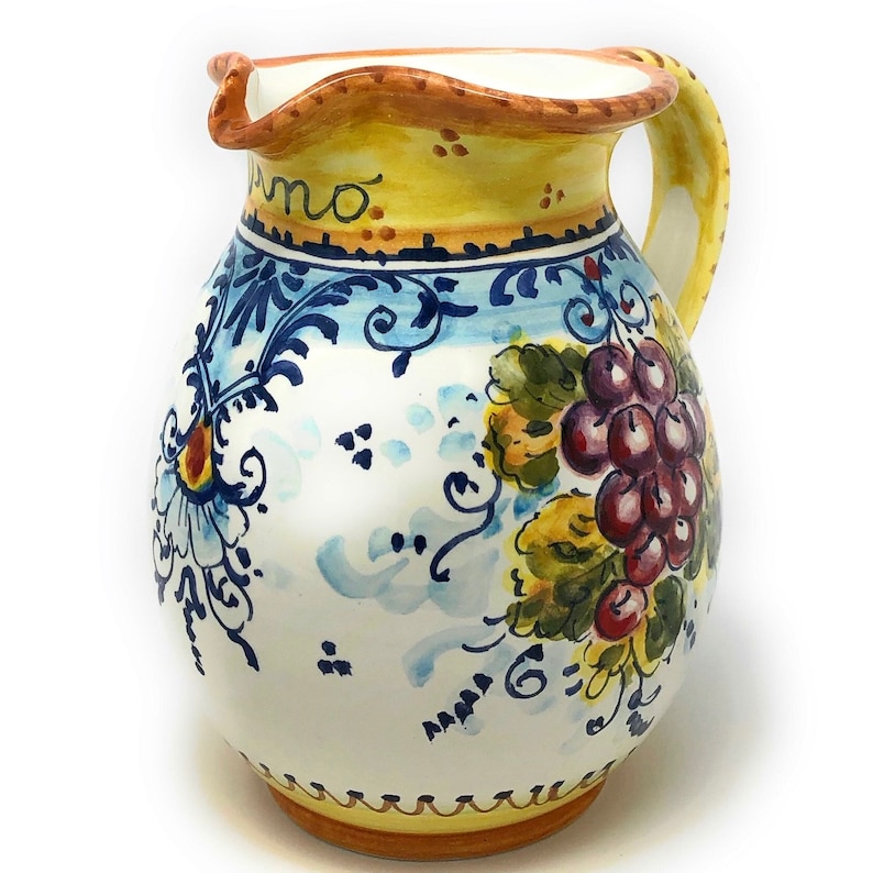 Italian Ceramic Art Pottery Pitcher Vino Vine gal 0,264 Hand Painted Decorated Grape Made in ITALY Tuscan image 1