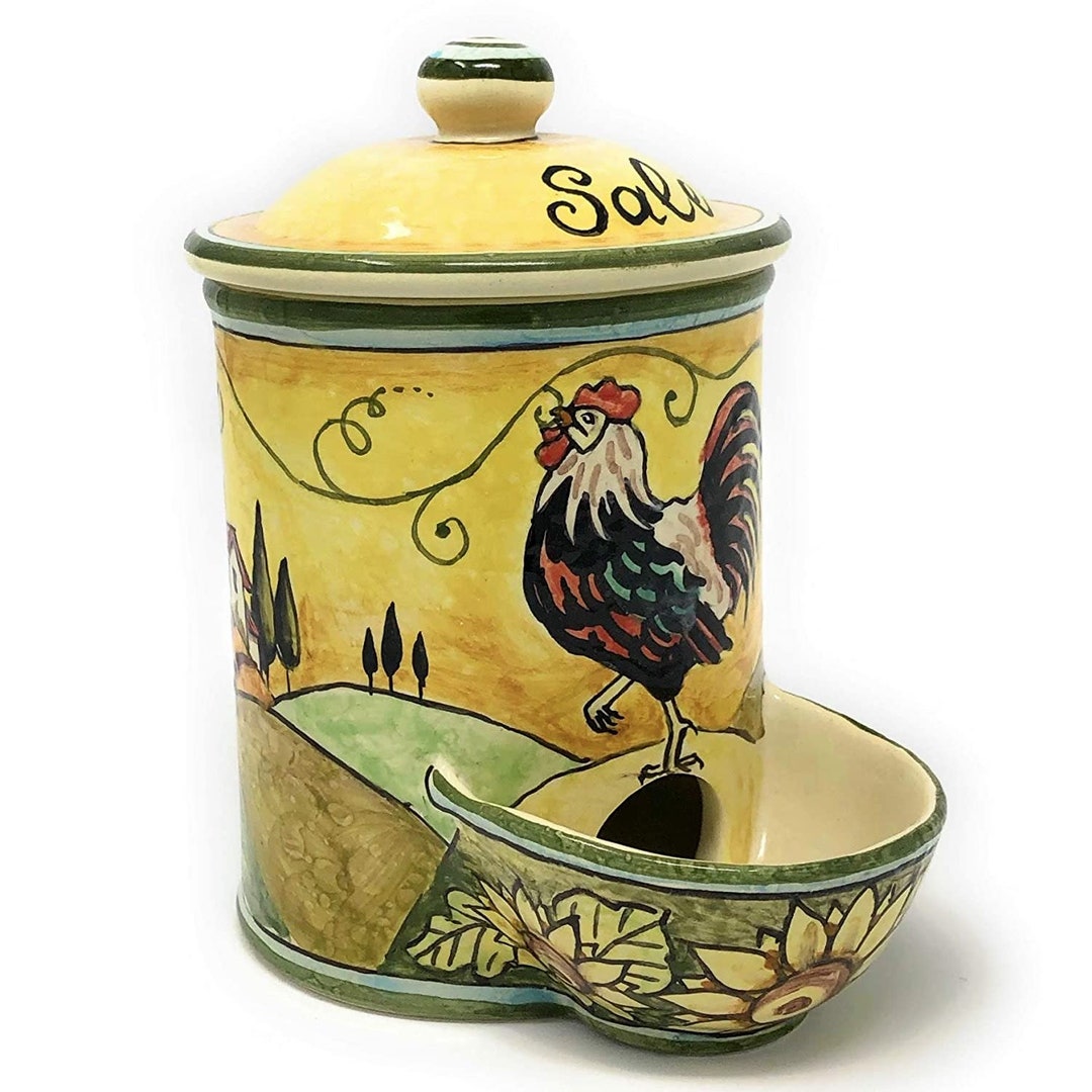 Italian Ceramic Jar Salt Holder Hand Painted Rooster Landscape Tuscany