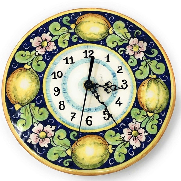 Italian Ceramic Wall Clock Decorated Lemons Hand Painted Made in ITALY Tuscan Art Pottery