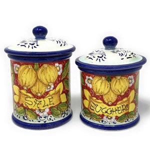 Conjunto de cerâmica italiana, potes, recipientes para armazenamento de alimentos, sal e açúcar, pintados à mão, padrão limões, toscano, feito na ITÁLIA, cerâmica artística