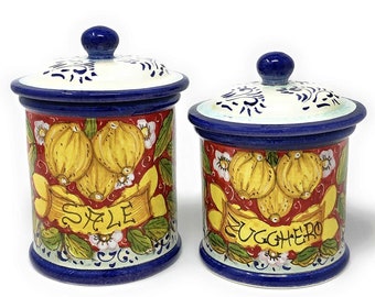 Italian Ceramic Set Jars Canister Food Storage Salt and Sugar Hand Hand Painted Pattern Lemons Tuscan  Made in ITALY Art Pottery