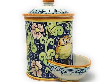 Italian Ceramic Jar Salt Holder Hand Painted Made in ITALY Tuscan Art Pottery