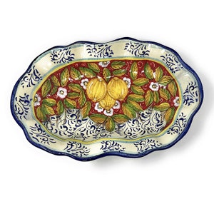 Italian Ceramic Serving Oval Bowl for Pasta - Fruit- salad - rice- Pattern Lemons Art Pottery Made in ITALY Tuscany