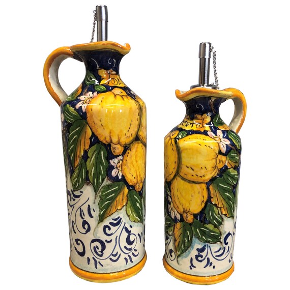 Italian Ceramic Art Pottery Dispenser Set Oil Cruet Vinegar Decorated Three Lemons Tuscany Hand Painted Made in ITALY CERAMICHE DARTE PARRINI