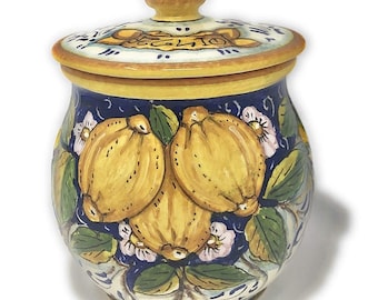 Italian Art Pottery Ceramic Brings Garlic Jar Holder Hand Painted Pattern Lemons Made in ITALY Tuscany