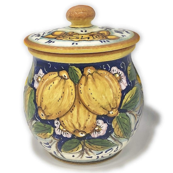 Italian Art Pottery Ceramic Brings Garlic Jar Holder Hand Painted Pattern Lemons Made in ITALY Tuscany