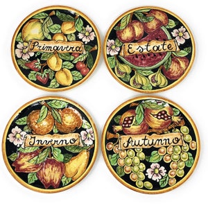 Italian Ceramic Pottery Art Pottery Set Round Tiles Seasons Pattern Fruits Hand Painted Made in ITALY Tuscany Florence