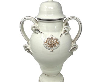 Jarrón ánfora de cerámica italiana, arte en cerámica, pintado a mano, diseño rústico blanco, estilo shabby chic. Hecho en Italia, Toscana.