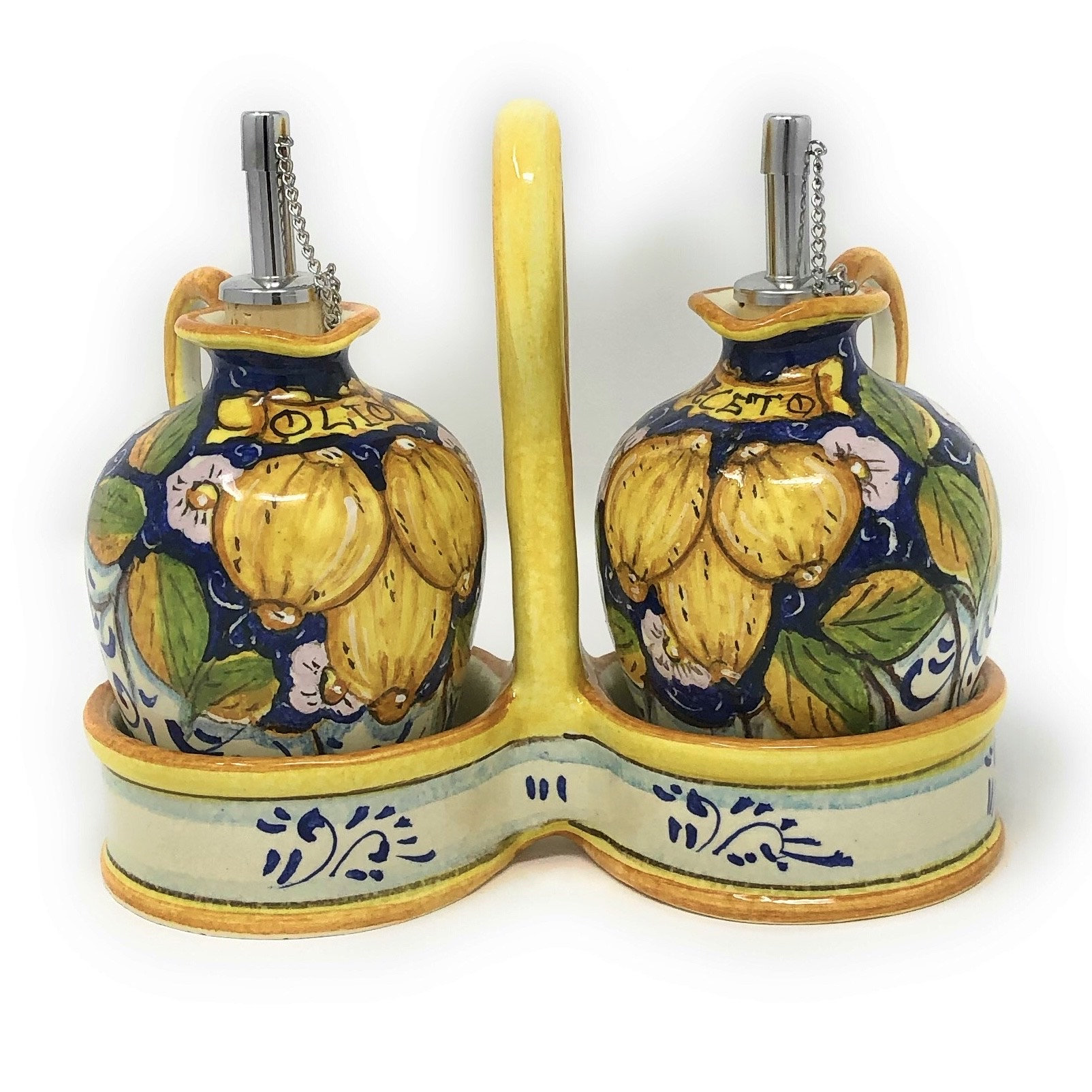Italian Ceramic Set Dispenser Oil Cruet and Vinegar Art Pottery Hand Painted Three Lemons Made in ITALY Tuscan