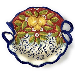 Italian Ceramic Serving Bowl Centerpiece with handles Pattern Lemons Art Pottery Made in ITALY Tuscany Florence