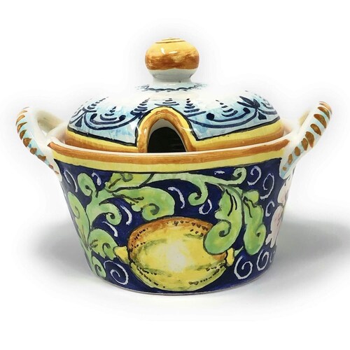 Italian Ceramic Art Sugar - Cheese Bowl Pottery Decorated Lemons Hand Painted Made shops in ITALY Tuscan