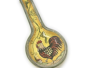 Italian Ceramic Pottery Ladle Rest Spoon Pattern Rooster Tuscan Art Hand Painted Made in ITALY Florence