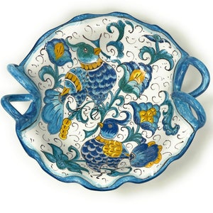 Italian Ceramic Serving Bowl Centerpiece with handles Pattern Birds Art Pottery Made in ITALY Tuscany Florence