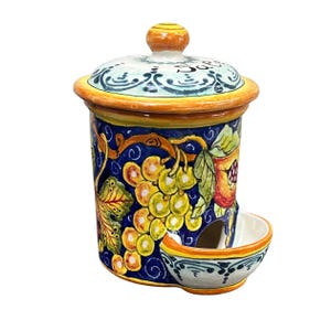 Italian Ceramic Jar Salt Holder Pattern Grape Hand Painted Made in ITALY Tuscan Art Pottery Florence