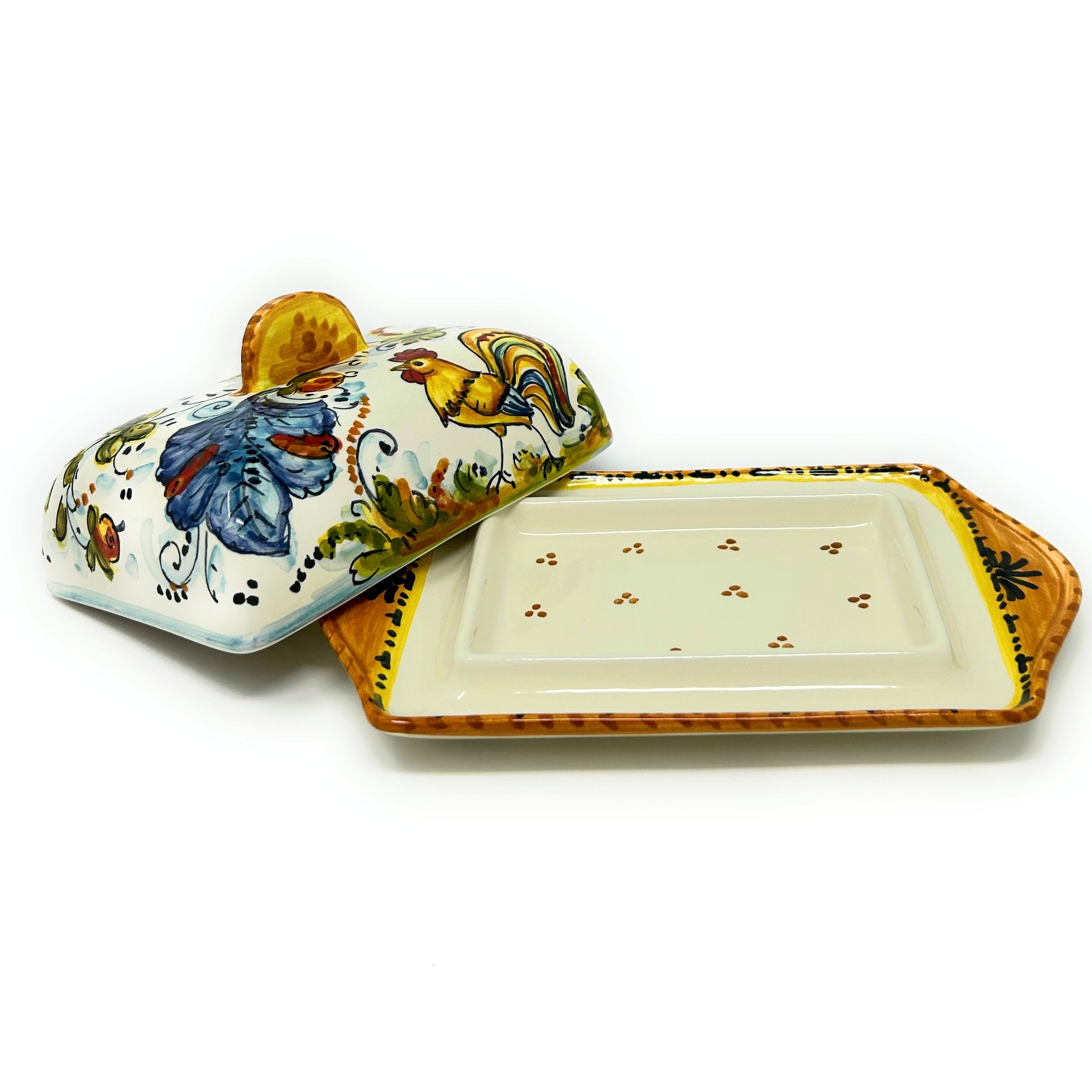 Italian Ceramic Butter Dish Hand Painted Pattern Rooster Montelupo Made ...