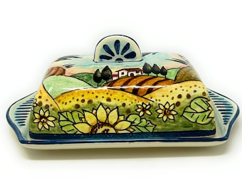 Italian Ceramic Butter Dish Hand Painted Decorated Sunflowers Landscape Made in ITALY Tuscan Art Pottery