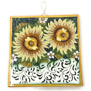 Italian Ceramic Art Tile Pantiles Pottery Paint Decorated Sunflower Blu Hand Painted Made in ITALY Tuscan