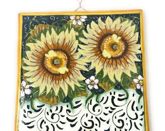 Italienische Keramik Kunst Tile Pantiles Keramikfarbe Verziert Sunflower Blu Handgemalt Made in ITALY Toscana