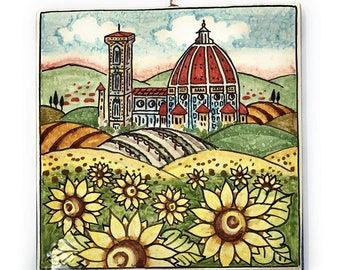 Italian Ceramic Art Tile Pantiles Pottery Hand Painted Decorated Landscape Sunflower Made in ITALY Tuscan