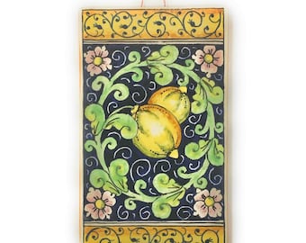 Italienische Keramik Kunst Tile Pantiles Zitronen Blu handgefertigt in ITALY Toscana