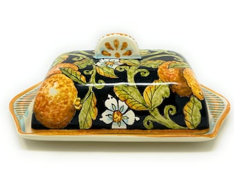 Italian Ceramic Butter Dish Hand Painted Pattern Oranges Sicily Made in ITALY Tuscan Art Pottery
