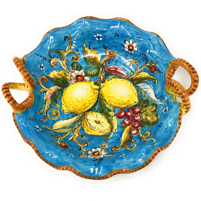 Italian Ceramic Art Pottery Serving Bowl Centerpiece with handle Hand Painted Collection Pattern Lemons Amalfi Made in ITALY Tuscan Florence image 1