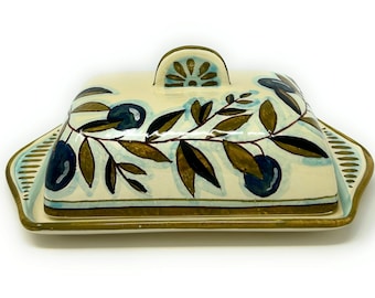 Italian Ceramic Butter Dish Hand Painted Pattern Country Olives Made in ITALY Tuscany Art Pottery Florence