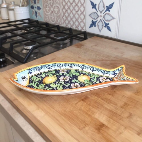 Italian Ceramic Art Serving shops Tray Shape Fish Pottery Hand Painted Made in ITALY Tuscan Pattern Lemons blue