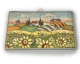 Italian Ceramic Art Tile Pantiles Pottery Pattern Sunflower Landscape Painted Made in ITALY Tuscan