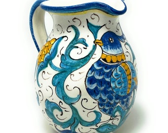 Italian Ceramic Pottery Art Pottery Pitcher Vino Vine - water gal 0,264 Hand Painted Pattern Birds Made in ITALY Tuscan