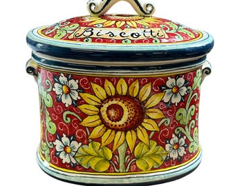 Italian Ceramic Biscuit Cookies Oval Jar Hand Painted Made in ITALY Tuscan Art Pottery