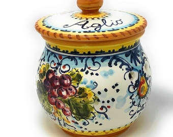 Italian Ceramic Garlic Brings Jar Holder Hand Painted Made in ITALY Decorated Grape Montalcino Tuscan Art Pottery